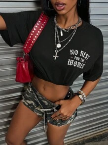 INAWLY 女款“No Rest For The Women”标语印花圆领短袖 T 恤 - 黑色 - 查看 5