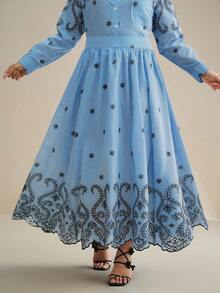 Anewsta 加大码条纹刺绣半身裙，适合春季、节日、假日、度假，优雅女士连衣裙 - 藍色 - 查看 7