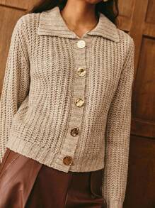 Poéselle Cárdigan de mujer con botones metálicos de color marrón claro cálido, cárdigan de punto con botones básico de unicolor casual y sencillo para ir al trabajo, estilo campestre bohemio occidental para otoño, invierno y vuelta al colegio - Caqui - Ver 1