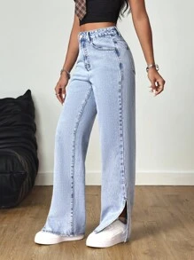 SHEIN Tall 高腰九分开叉浅色洗水牛仔裤 - 淺色水洗藍 - 查看 3