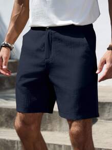 Manfinity Homme Quần short trơn màu thường ngày mùa hè dành cho nam - Màu xanh hải quân - Xem 6