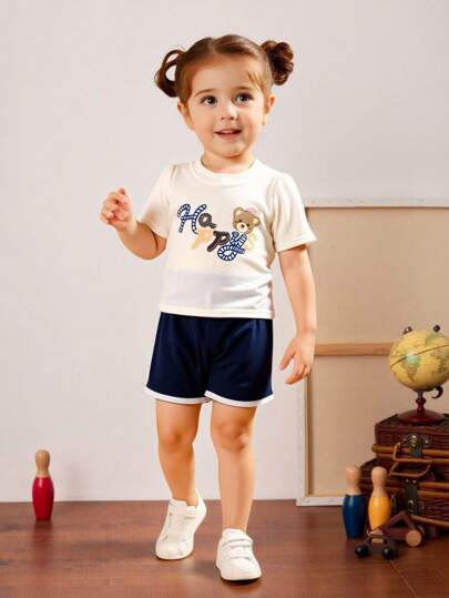  PrepCrw Baby Girls 2pcs/Set Baby Girls' Summer Casual School Style Letter & Bear Print Short Sleeve T-Shirt And Shorts Set Baby Boy Navy Shorts Set Baby Boy Happy Bear Outfit Girls School Uniform School Tops Teen Girl Clothes For School Cute Tops For School Uniform School For Girls Back To School Outfits Girls Back To School Outfit First Day Of School Outfits