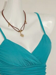 SHEIN ICON Y2k 女款蓝绿色外出刺绣花卉休闲度假海滩性感露背系带短款上衣