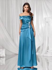 Coutiva Robe élégante et minimaliste avec épaules dénudées et froncée, nouvelle mode élégante pour femmes - Vert - Voir 3