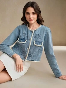 Anewsta 女士时尚撞色肩章长袖单排扣铆钉压花牛仔夹克 - 藍色 - 查看 3