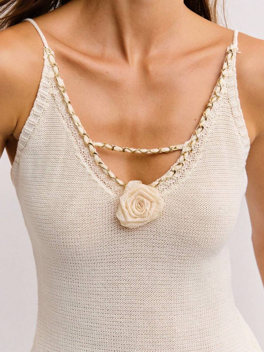 Nöista Knit Peplum Top With Crochet Hem, Chain-Trim Straps, And Rosette Detail. A Charming Pick For 4th Of July, Beach Looks, Or Party Pool And Summer! - White - View 1