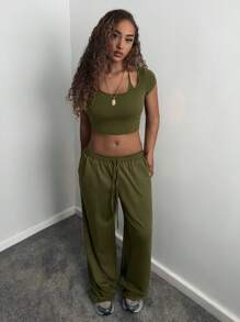 StreetHx 女士街头风短袖 T 恤和运动裤两件套 - 橄欖綠 - 查看 3