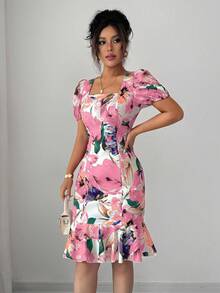 Elenzga Robe élégante et romantique à col carré et volants avec imprimé floral, pour femmes