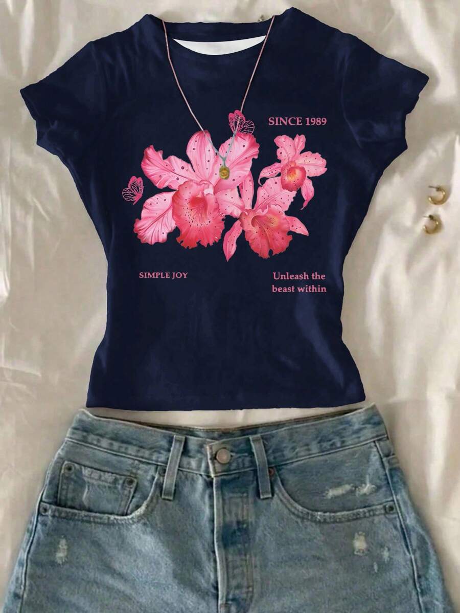 SHEIN Áo thun dài tay cổ tròn ôm sát thoải mái, giản dị dành cho bé gái tuổi mới lớn, phù hợp cho mùa hè - Nhiều màu - Xem 1