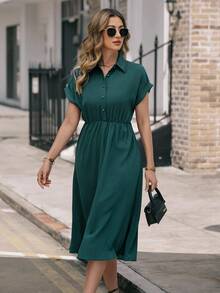 EMERY ROSE Batwing Sleeve Shirt Dress Without Belt Maxi Women Outfit - Dark Green - View 4