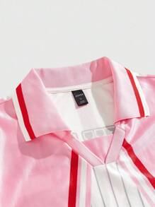 ROMWE MEN Betty Boop | ROMWE 男士夏季粉色卡通星星印花短袖 Polo 衫，2000 年代风格 - 粉色 - 查看 3