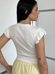 WYWH Vacation Ruffle Trim Ribbed White Knit Tee - White - View 2