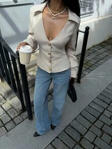 Siren Gaze Casual Commuter Solid Color Metal Buckle Waist Jacket In Fall/Winter - Apricot - View 8