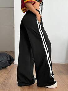 Coolane 女式秋季嘻哈运动休闲棉质织带阔腿运动裤 - 黑色 - 查看 7