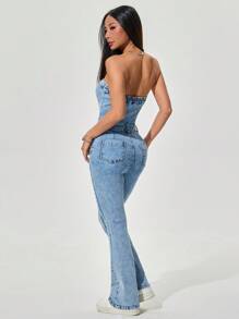 SHEIN PETITE 休闲水洗露背修身牛仔连体裤 - 藍色 - 查看 2