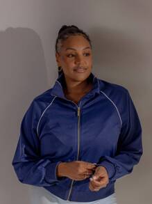 Aralina Plus Curve Leisurewear Fall Winter Y2K Stockholm Style Streetwear Zip Through Pipping Sweat Gym Top Airport Autumn - Blue - View 5