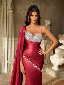 Aureia 优雅奢华的无袖甜心领口褶饰紧身胸衣，荷叶边下摆美人鱼正式晚礼服，适合宴会、庆典、商务活动、婚礼和其他正式场合 - 酒紅色 - 查看 3