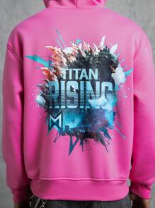 GODZILLAxKONG X SHEIN Áo hoodie có mũ rút túi họa tiết chữ cái thường ngày dành cho nam - Hồng - Xem 4