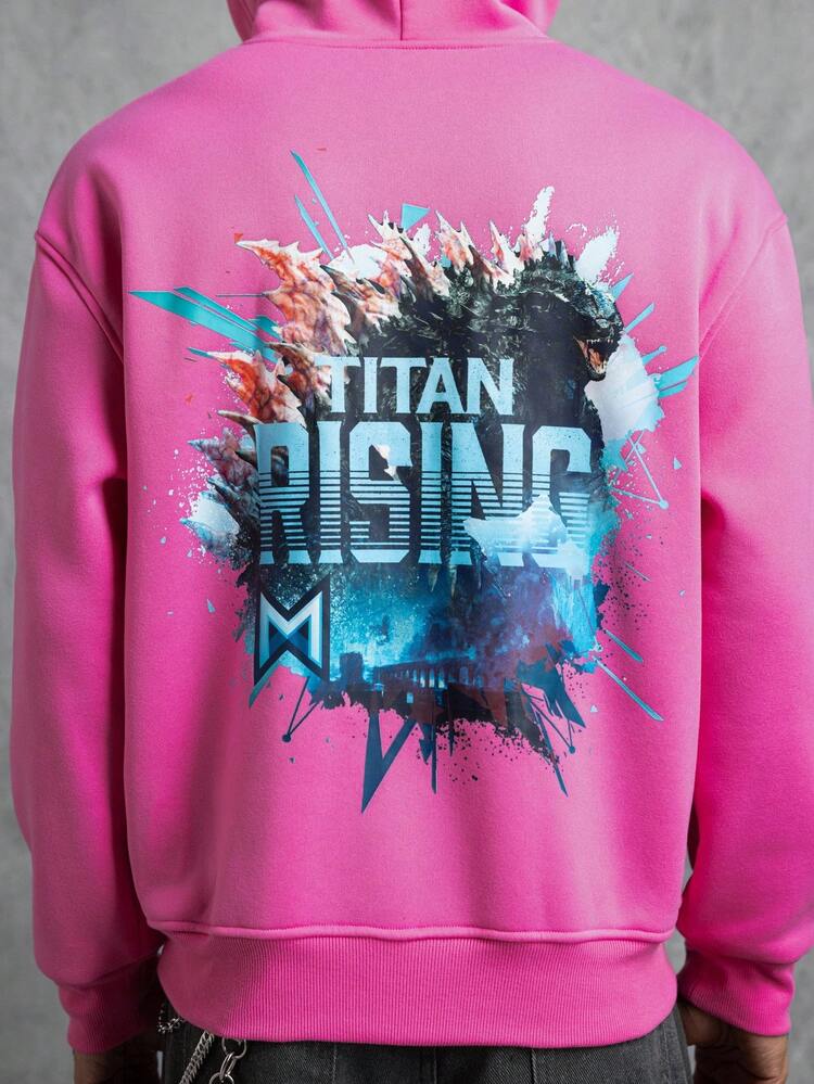 GODZILLAxKONG X SHEIN Áo hoodie có mũ rút túi họa tiết chữ cái thường ngày dành cho nam - Hồng - Xem 4