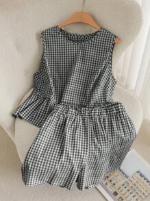 CosyJoli Bộ 2 món kẻ caro cỡ lớn dành cho nữ, Áo sơ mi thiết kế lưng thời trang cỡ lớn, Tay ngắn thường ngày, Bộ 2 món màu xanh lá cây cỡ lớn, Bộ 2 món thời trang thường ngày cho ngày lễ - Đen và trắng - Xem 3