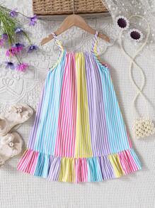 SHEIN Vestido de verano con tirantes y volante en el bajo, confeccionado en tejido de punto, con estampado digital de rayas rojas, adecuado para el uso diario, salidas, vacaciones y fiestas de niñas jóvenes - Multicolor - Ver 2