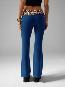 Missguided x Playboy Colanți evazați Y2K pentru femei, pantaloni cu fund de clopot, cu imprimeu leopard, talie înaltă, stil retro, bootcut, petrecere, club, festival - Albastru marin - Vizualizare 2