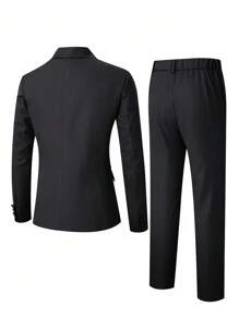 Calvornis 男士休闲纯色立领双排扣西装外套和裤子套装 - 深灰色 - 查看 2