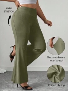 Elenzga Plus Size Women's New Asymmetric Waist Flare Knit Pants, Black, Loose Fit Elegant Office Wear Plus Size Flare Pants Plus Size Bell Bottoms Stretchy Pants Fall Cloth For Women