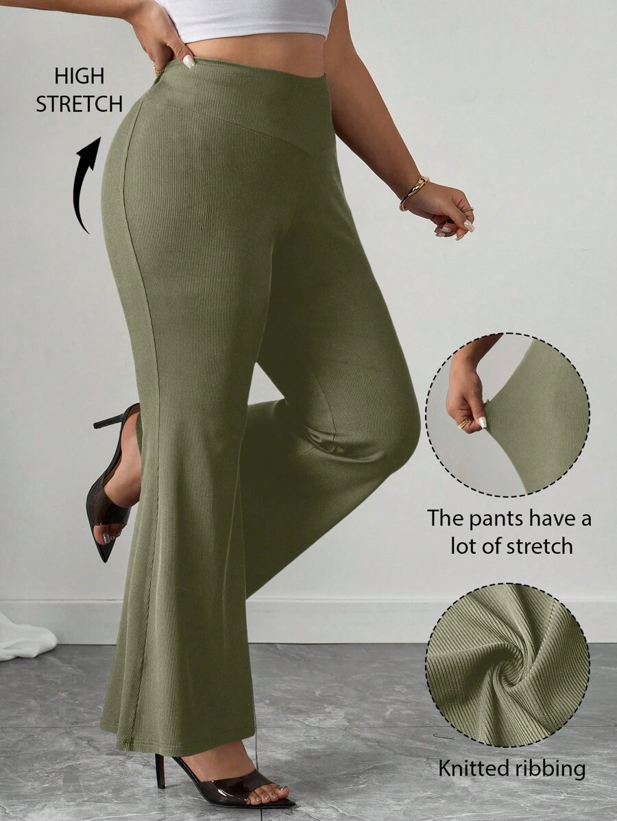 Elenzga Plus Size Women's New Asymmetric Waist Flare Knit Pants, Black, Loose Fit Elegant Office Wear Plus Size Flare Pants Plus Size Bell Bottoms Stretchy Pants Fall Cloth For Women