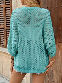 EMERY ROSE Casual Loose Round Neck Batwing Sleeves Hollow Knitted Apricot Sweater For Women, Spring And Autumn - Mint Blue - View 2