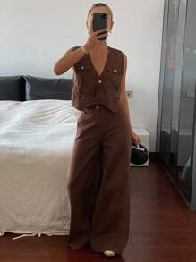 DAZY Conjunto de top sin mangas de cuello en V y pantalones vaqueros de corte holgado para mujer - Azul - Ver 5