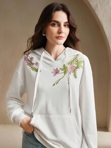 Anewsta Áo hoodie thêu hoa giản dị - trắng - Xem 1