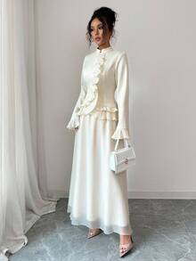 Elenzga Bộ trang phục sang trọng thanh lịch 2 món dành cho nữ: Áo cánh tay dài cài nút ngọc trai + Chân váy maxi chữ A lưới xuyên thấu, thích hợp cho Halloween, Giáng sinh, Quốc khánh, Tiệc năm mới, Lễ tốt nghiệp, Đám cưới, Nhập vai, Đi làm, Trang phục công sở thường ngày - Màu be - Xem 6