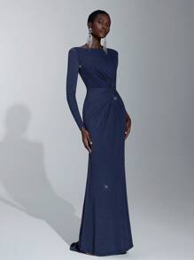 Elitara Ladies' Boat Neck Long Sleeve Bridesmaid Dress With Twisted Waist, (Adult) Elegant Formal Evening Prom Wedding Guest Gown, For Graduation, Dinner Party Dress - Navy Blue - View 1