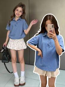 Koszula dla nastolatek w stylu vintage vintage old money w kolorze niebieskim, dżinsowa, z kołnierzykiem z klapami i zamkiem błyskawicznym, luźna, na jesień, na powrót do szkoły i na co dzień - Średni jeans - Zobacz 1