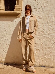 Maija 女士棕色牛仔裤低腰直筒卷边复古西部牛仔风格秋季外出装