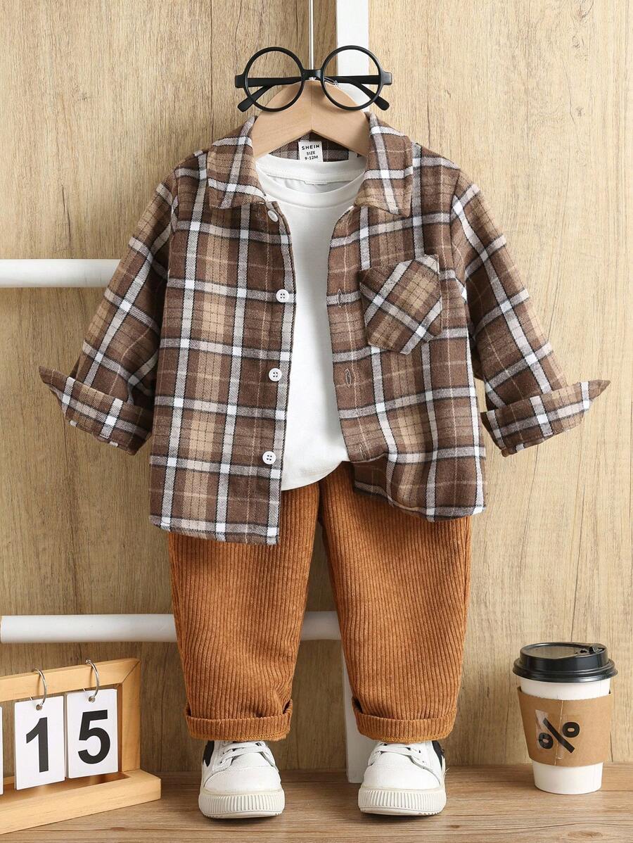 SHEIN 2 pièces Ensemble veste à carreaux et pantalon décontracté à taille élastique pour bébé garçon/fille, tenue polyvalente pour l'automne et l'hiver - Multicolore - Voir 1