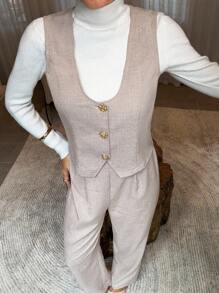 Lavishia 杏色罗纹针织低弹力U领修身腰背心外套+修身裤（带口袋）女款两件套，适合日常通勤和分层穿着 - 杏色 - 查看 5