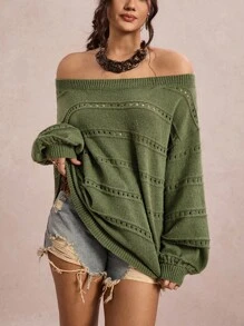 Freevana 休閒柔軟修身時尚百搭極簡寬鬆長袖套頭毛衣，大尺碼，適合秋季/約會度假，橄欖綠 - 軍綠色 - 查看 4