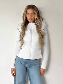 SHEIN ICON Áo khoác mùa đông ôm dáng có mũ, phối lông thú, khóa kéo, dành cho nữ. - trắng - Xem 6