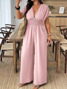 EMERY ROSE 大码夏季简约优雅纯色束腰连体裤 - 粉色 - 查看 4