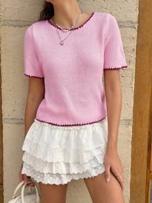 Jouncy Áo len dệt kim tay ngắn phối họa tiết khối màu thời trang thu đông cho nữ - Hồng - Xem 1