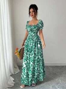 Elenzga New Floral Print Bubble Sleeve Tie Front Backless Waist Cinched Dress, Elegant & Chic For Vacation, Casual Dates, Flattering & Slimming