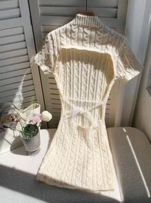 Comfortcana Women's Twist Cable Pattern Backless Lace-Up Short Sleeve Knitted Dress - Apricot - View 5