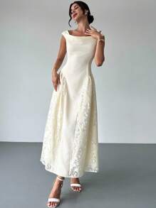 Firerie 女士优雅精致浪漫度假约会日常时尚新款低胸花卉镂空纹理腰部 A 字中长奶油黄色连衣裙 - 淡黃色 - 查看 4