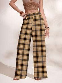 Shutterstock Glamance Women's Casual Elastic Waist Plaid Wide Leg Pants, Autumn Plaid Pants Checkered Pants High Waisted Plaid Pants Hawaii Outfits Women - Multicolor - View 1