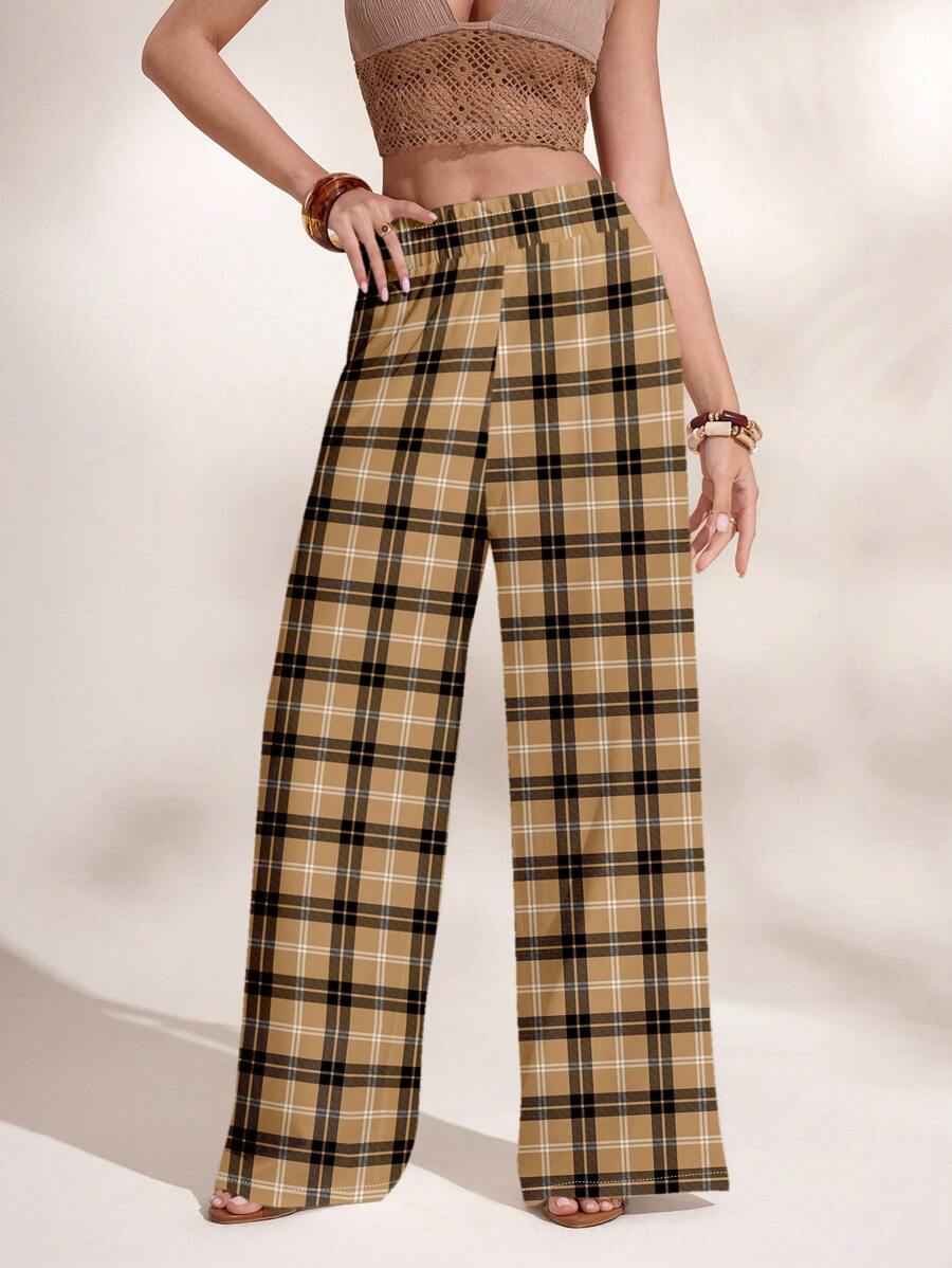 Shutterstock Glamance Women's Casual Elastic Waist Plaid Wide Leg Pants, Autumn Plaid Pants Checkered Pants High Waisted Plaid Pants Hawaii Outfits Women - Multicolor - View 1