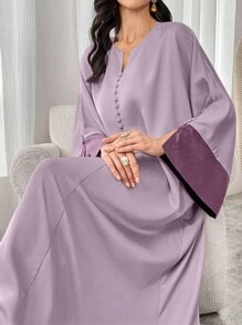 Al Najma 女式 V 领撞色喇叭袖阿拉伯长裙，端庄优雅的全罩式长裙，适合日常休闲/节日/晚会/婚礼宾客 - 紫色 - 查看 6