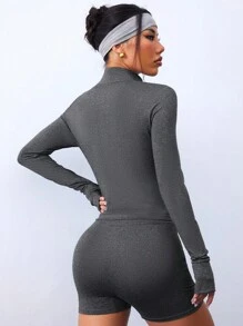 Easithlete Women's Solid Color Zip Front Jacket And Shorts Sports Casual Suit - Dark Grey - View 2