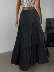 Siren Gaze Váy đi biển Boho 2025 dành cho nữ - Váy maxi xếp tầng vải lanh pha xẻ tà cao, cạp chun và viền ren, trang phục thiết yếu cho lễ hội âm nhạc và kỳ nghỉ | Váy chữ A mùa hè, mùa hè dành cho nữ, phụ nữ đi nghỉ, bãi biển - màu đen - Xem 2